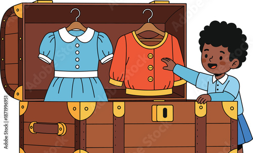 Cartoon child with clothing chest, vintage trunk illustration, dress-up moment vector, smiling kid, colorful garments, playful wardrobe discovery scene