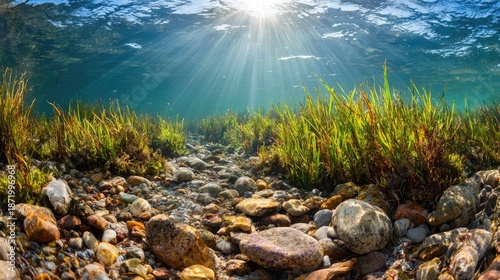 Underwater scene sunlight piercing through water and green aquatic plants