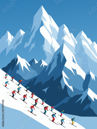 A dynamic vector illustration captures the thrill of a ski race down a majestic mountain slope, showcasing athletes in action and breathtaking snowy peaks