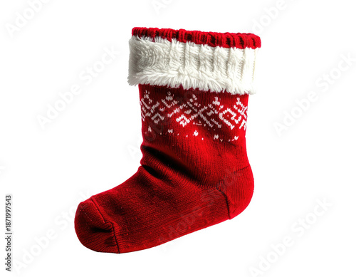 Festive red stocking with white fur trim and snowflake pattern