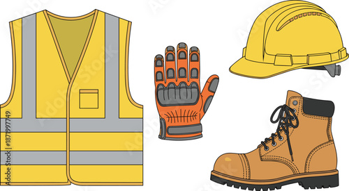 Construction safety gear vector illustration, personal protective equipment set, hard hat, safety vest,