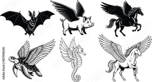 Flying animal fantasy silhouettes vector illustration set, winged bat pig horse turtle seahorse mythical creatures icons black white line art design