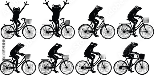 Frog riding bicycle silhouettes set, playful animal cycling poses, black and white cartoon amphibian character vector illustration collection minimalist design