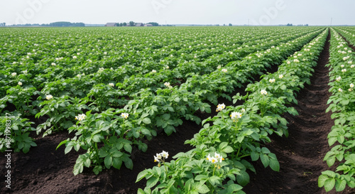 A sprawling field of vibrant green potato plants in full bloom, meticulously planted in rows, stretches to the horizon under a clear sky