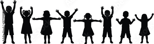 Silhouette of joyful children raising arms and spreading hands in playful celebration expressing happiness, unity and carefree childhood energy