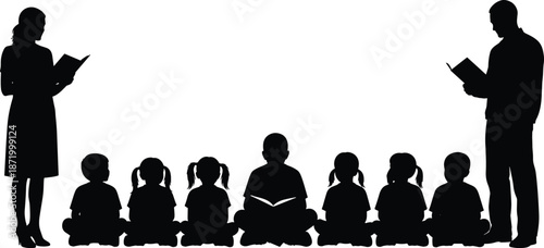 Silhouette of teachers reading to young children in classroom setting, promoting education, learning, storytelling and early childhood development