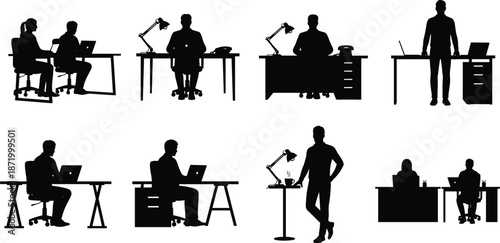 Office worker silhouettes working at desks, business people sitting and standing with laptops, lamps, and furniture icons for professional workplace vector illustration design,
