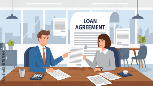 Flat vector illustration of a banker explaining a credit loan agreement to a client in a modern bank office, representing lending services, credit approval, interest rates, and financial compliance