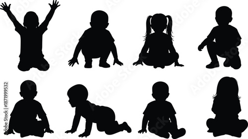 Silhouettes of babies and toddlers sitting, crawling, and raising hands in different poses, representing early childhood movement, play, and development