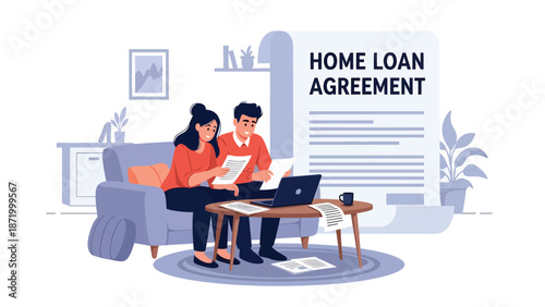 Flat vector illustration of a couple reviewing home loan agreement documents on a sofa, representing mortgage planning, credit approval, household finance, lending decisions, and property ownership
