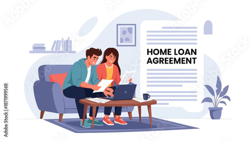 Flat vector illustration of a couple reviewing home loan agreement documents on a sofa, representing mortgage planning, credit approval, household finance, lending decisions, and property ownership