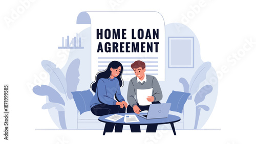 Flat vector illustration of a couple reviewing home loan agreement documents on a sofa, representing mortgage planning, credit approval, household finance, lending decisions, and property ownership