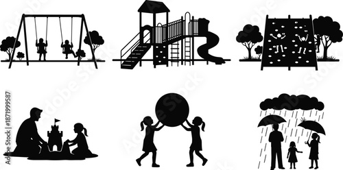 Outdoor activity silhouettes, children and family playtime, playground vector icons, recreational fun scenes, black illustration set, bonding moments, nature interaction design