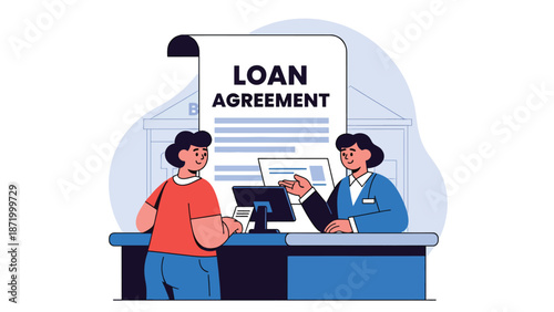 Flat vector illustration of customer signing loan agreement with bank officer at service desk, representing credit approval, lending process, banking consultation, and financial compliance