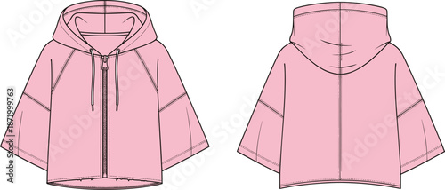 Pink hooded jacket, short sleeves, zip-up front, fashion flat sketch, garment design, technical drawing, apparel vector, casual wear, stylish outerwear