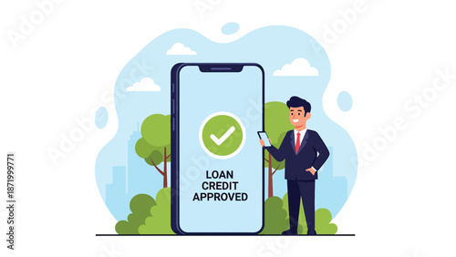 Flat vector illustration of mobile loan approval notification with person using smartphone, representing digital credit approval, online lending services, fintech solutions, and modern financial 