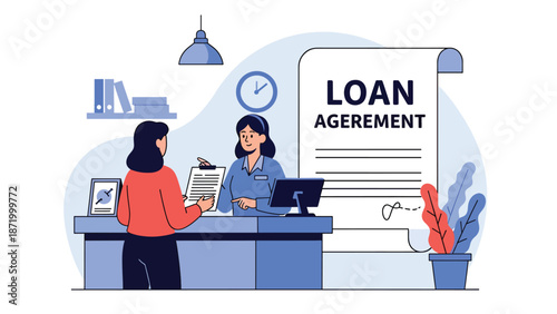 Flat vector illustration of customer signing loan agreement with bank officer at service desk, representing credit approval, lending process, banking consultation, and financial compliance