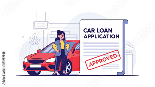 Flat vector illustration of happy person celebrating approved car loan beside new vehicle, representing auto financing, credit approval, consumer lending, and successful purchase decision
