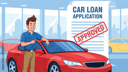 Flat vector illustration of happy person celebrating approved car loan beside new vehicle, representing auto financing, credit approval, consumer lending, and successful purchase decision