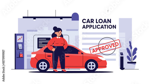 Flat vector illustration of happy person celebrating approved car loan beside new vehicle, representing auto financing, credit approval, consumer lending, and successful purchase decision