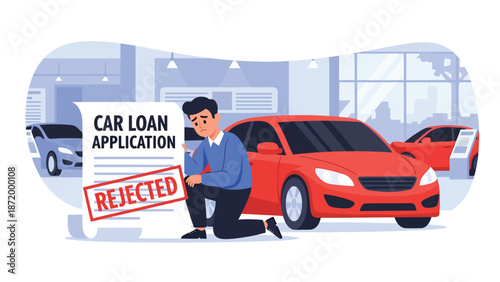 Flat vector illustration of rejected car loan application with sad and disappointed person beside vehicle, representing credit denial, lending risk, financial stress, and borrowing challenges