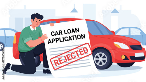 Flat vector illustration of rejected car loan application with sad and disappointed person beside vehicle, representing credit denial, lending risk, financial stress, and borrowing challenges