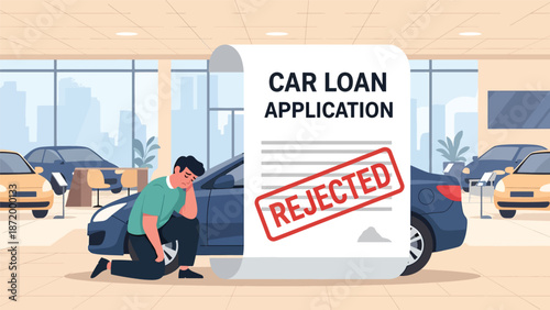 Flat vector illustration of rejected car loan application with sad and disappointed person beside vehicle, representing credit denial, lending risk, financial stress, and borrowing challenges