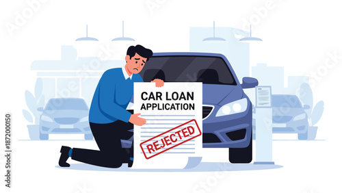Flat vector illustration of rejected car loan application with sad and disappointed person beside vehicle, representing credit denial, lending risk, financial stress, and borrowing challenges