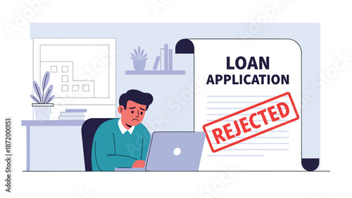 Flat vector illustration of rejected loan application with frustrated person at home office, symbolizing credit denial, financial difficulty, lending assessment, and personal finance stress