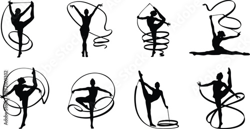 Rhythmic gymnastics ribbon silhouette vector set, dynamic female sport poses, dance movement illustration collection isolated on white background for modern fitness design