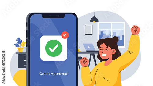 Flat vector illustration of mobile credit approved notification with woman celebrating, representing digital lending success, fintech services, online credit approval, and modern banking technology