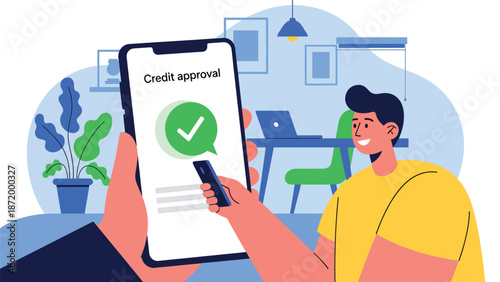 Flat vector illustration of mobile credit approved notification with woman celebrating, representing digital lending success, fintech services, online credit approval, and modern banking technology