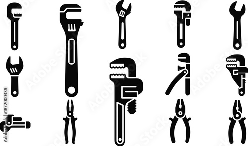 Black silhouette icons of wrenches, pliers, and gripping tools for construction, hardware, and mechanical-themed visuals