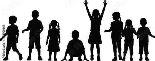 Silhouettes of happy children standing, playing, and raising hands together, symbolizing childhood friendship, group activity, outdoor fun, and youthful energy