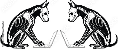 Skeleton dogs using laptops, surreal vector illustration, mirrored canine anatomy, digital concept art, animal skull design, technology and bone fusion.