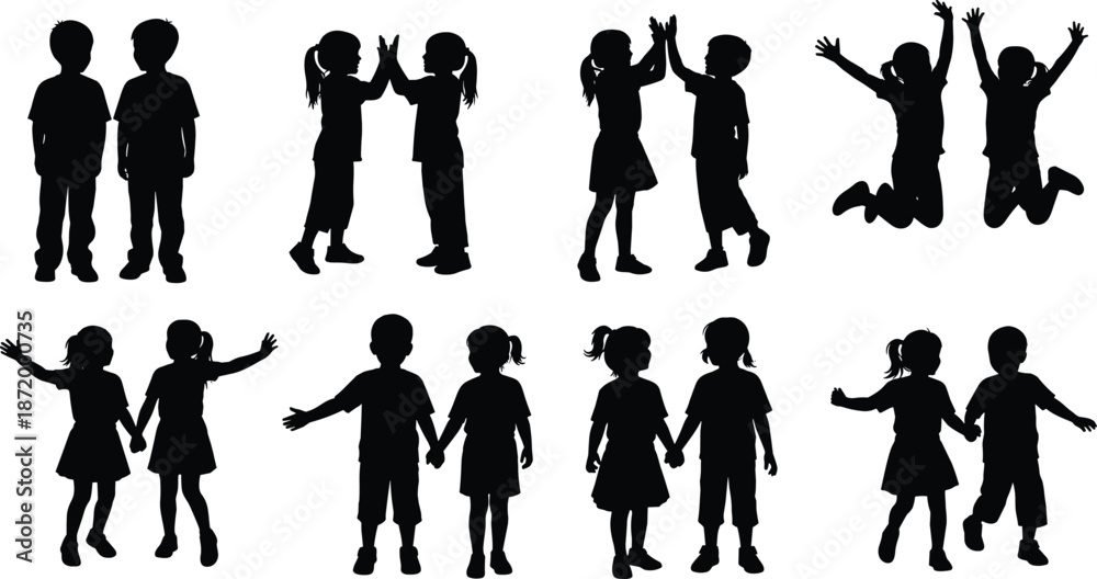 Fototapeta premium Silhouettes of young children interacting, high-fiving, jumping, holding hands and playing together representing friendship, teamwork and joyful childhood connection
