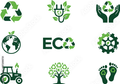 Eco sustainability and recycling icons set, green energy plug, environmental care symbols, circular economy, eco technology, clean future, flat vector illustration