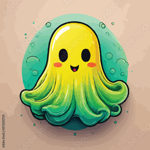Adorable Yellow and Green Ghost Cartoon Character with a Cheerful Smile.