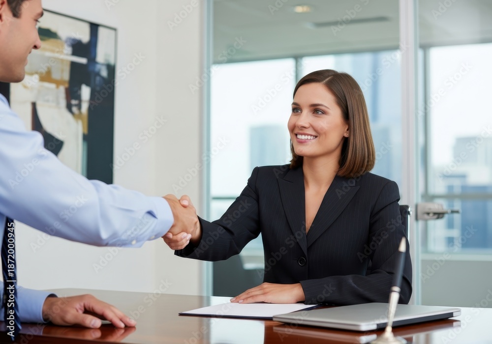 Fototapeta premium Business professionals confirm agreement with a firm handshake across an office desk
