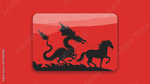 A graphic illustration of a dragon and a horse in silhouette, set against a vibrant red background with a subtle gradient effect, conveying a sense of dynamic energy and mythical symbolism