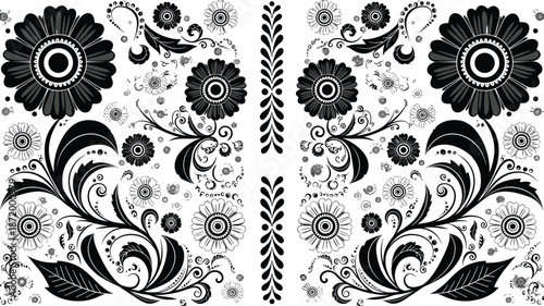 Symmetrical floral vector design, black and white botanical illustration, ornamental flower and leaf pattern, decorative nature artwork, elegant vintage motif