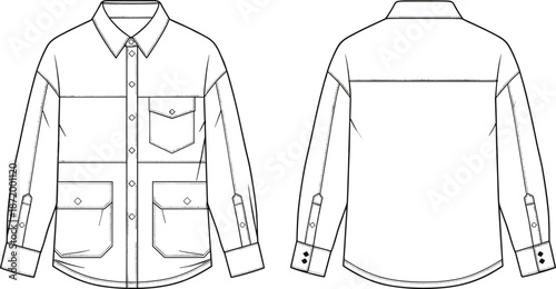 Technical jacket shirt CAD drawing, flat vector illustration, front and back view, workwear apparel design, fashion template, outline sketch