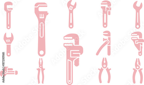 Set of pink hand tool icons including wrenches, pliers, pipe cutter in flat style for construction, repair, mechanic, maintenance use.
