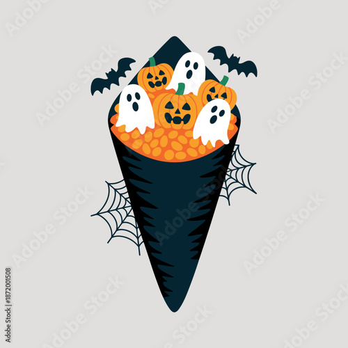Modern Halloween cone sushi with ghost and pumpkin toppings vector – Perfect for themed cooking classes, food delivery app promotions, or spooky dining concepts.