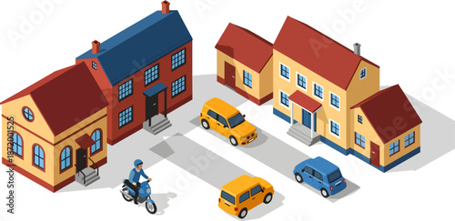 central street houses cars and motorcycle