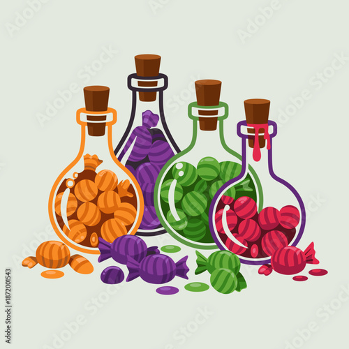 Colorful Halloween candy in potion bottles vector illustration – Great for trick-or-treat bags, holiday packaging design, or seasonal retail promotions.