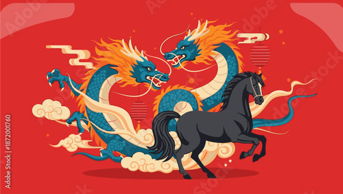Wallpaper Mural Illustration of a black horse facing two blue and orange dragons with white clouds on a red background, symbolizing kuda chine's day. Torontodigital.ca