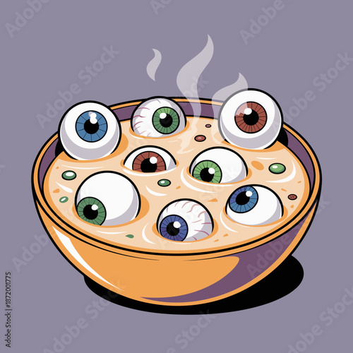Cartoon eyeball soup vector for Halloween – Suitable for seasonal party invitations, food blogs, or spooky cooking content.