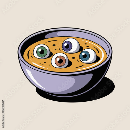 Minimalist vector illustration of Halloween eyeball soup – Ideal for modern holiday marketing, food art, or menu graphics.