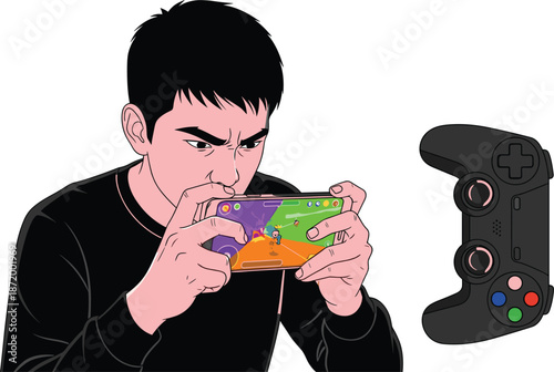 Focused young man playing mobile game on smartphone vector illustration showing intense gaming emotion modern digital entertainment lifestyle concept design
